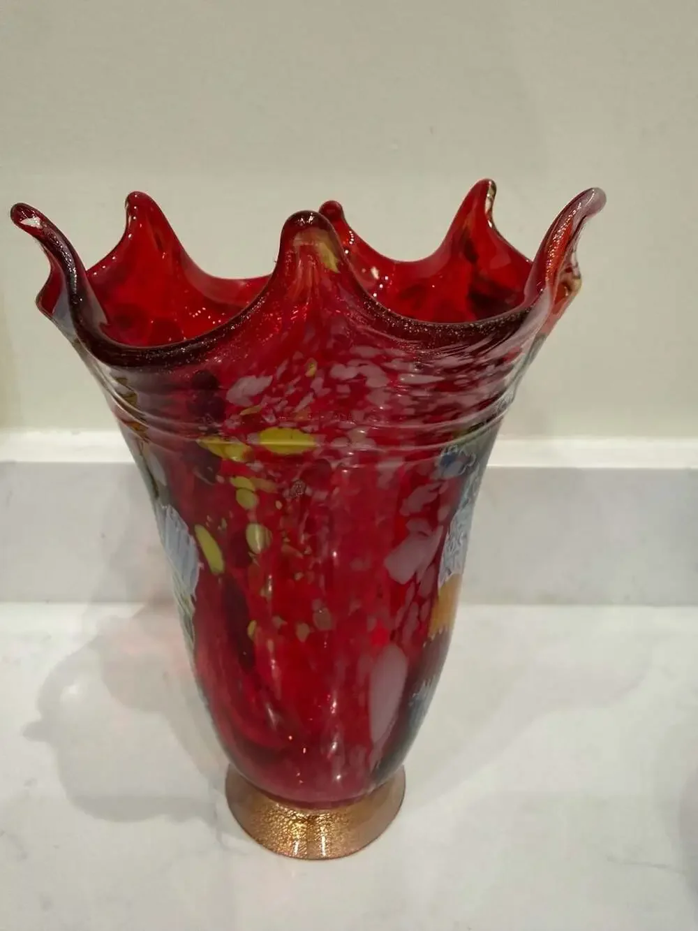 Vintage Murano Red Glass Millefiori Vase with Gold Gilt Base